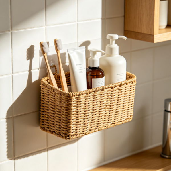 Woven Rattan Wall-Mounted Basket: Bathroom Toiletries Storage