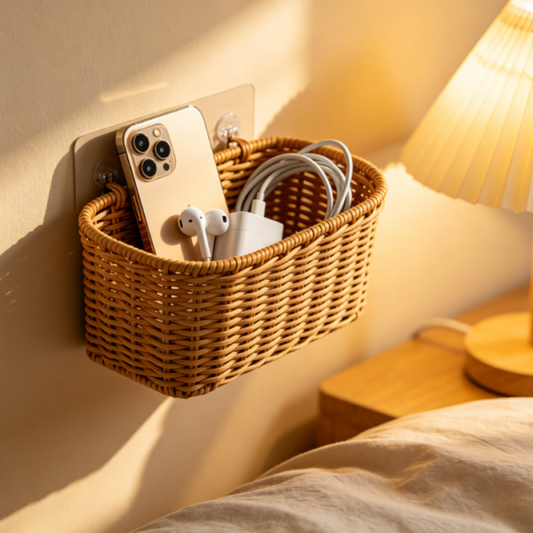 Bedroom Bedside Woven Rattan Hanging Basket: Phones, Headphones & Charging Cables Storage