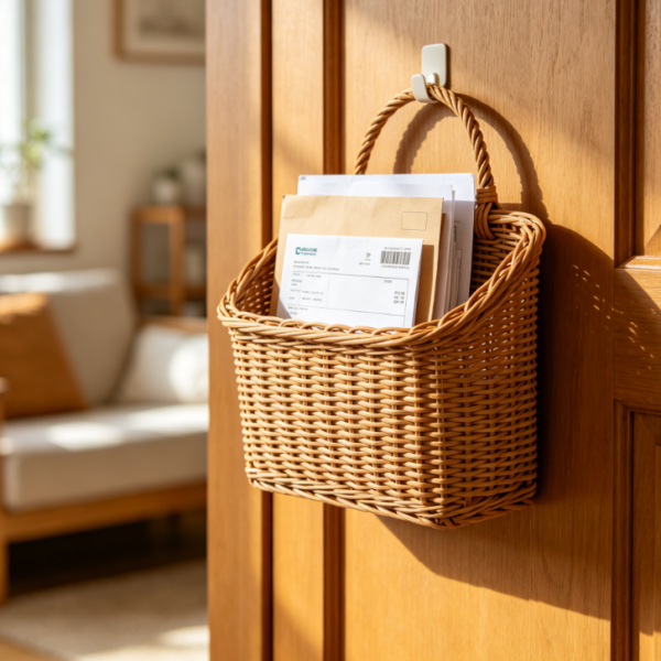 Entryway Cabinet Door Woven Rattan Basket: Mail & Bill Organizer