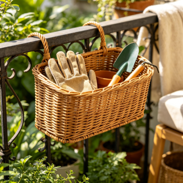 Balcony Iron & Rattan Hanging Basket: Gardening Gloves & Tools Storage