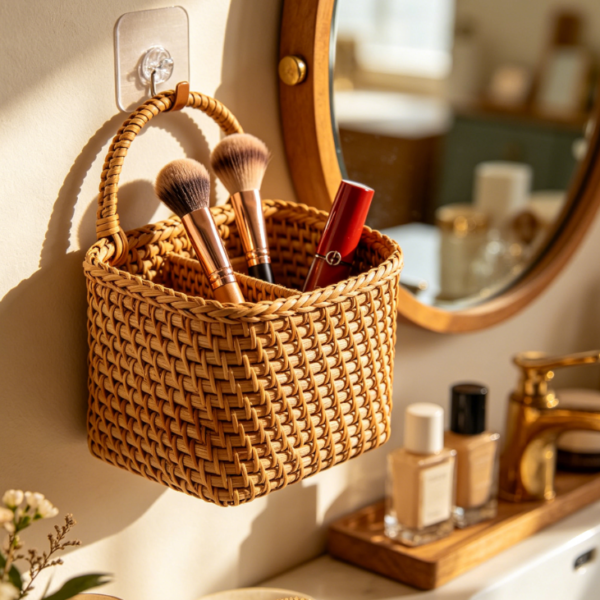 Living Room Sofa-Side Woven Rattan Basket: Remote Controls & Game Controllers Storage