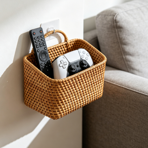 Vanity Area Woven Rattan Wall Basket: Makeup Brushes, Lipstick & Beauty Supplies Storage
