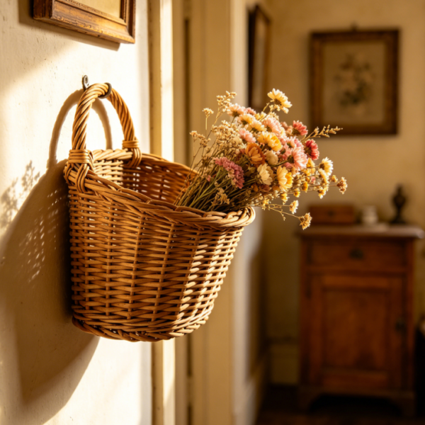 Vintage-Style Hallway Woven Rattan Hanging Basket: Dried Flower Wall Decor & Storage