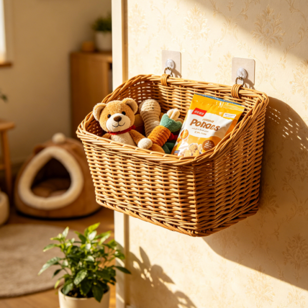 Mid-century style rattan wall basket—perfect for organizing accessories in the walk-in closet