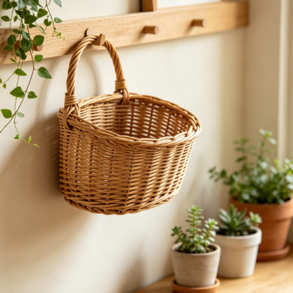 Natural-Style Rattan Wall Basket – Bedroom Wall Storage for Sundries